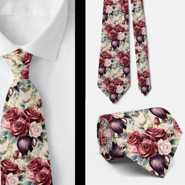 Burgunder Röda Rosor Rodnande Rosa Akvarell Blommo Slips (Skapare uppladdad)