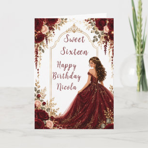 Burgunder Röda Rosor Sweet Sixteen Guld Fest Kort