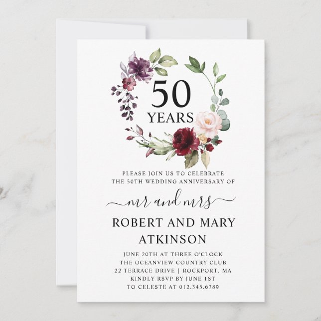 Burgunder Rosa Blommig 50-års bröllopsdag Inbjudningar (Framsida)