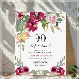 Burgunder Rosa Blommig 90-års Födelsedagsinbjudan