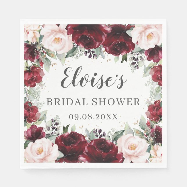 Burgunder Rosa Blommig Bröllop Bröllops Baby Showe Pappersservett (Framsidan)