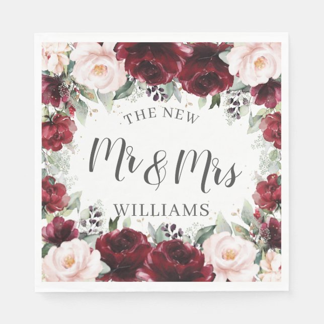 Burgunder Rosa Blommig Bröllop Bröllops Baby Showe Pappersservett (Framsidan)