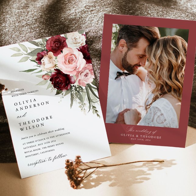 Burgunder Rosa Blommig Foto Bröllop Inbjudningar (burgundy blush pink floral wedding photo invitation, rose invite card, romantic wedding stationery)