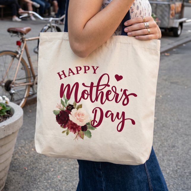 Burgunder Rosa Blommig Glad Mors Dag Handväskor Tygkasse (Skapare uppladdad)