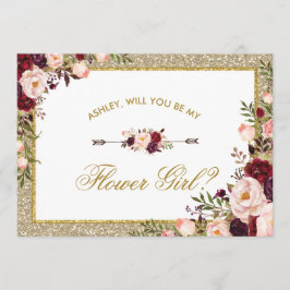 Burgunder Rosa Blommig Guld Glitter Flower Girl Inbjudningar