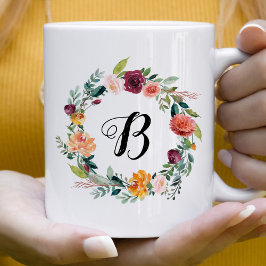Burgunder Rosa Blommig Krans Monogram Kaffemugg