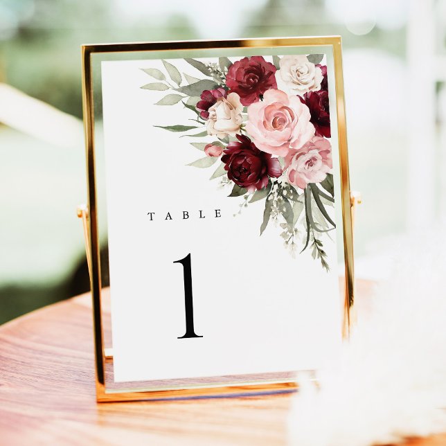 Burgunder Rosa Blommiga Bordskort för Bröllop (burgundy blush pink floral wedding table numbers, elegant rose reception table decor signage)