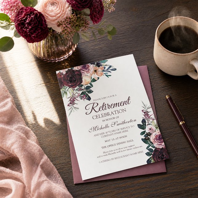 Burgunder Rosa Blommor Blad Pension Inbjudningar (Burgundy and pink watercolor floral retirement party invitation)