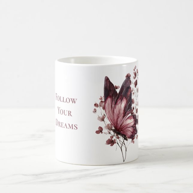 Burgunder Rosa Blommor Fjäril Drömmar Kaffemugg (Center)