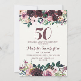 Burgunder Rosa Blommor Löv 50-årsdag Inbjudningar