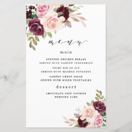 Burgunder Rosa Guld Blommiga Bröllopsmeny Kort
