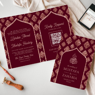 Burgunder Rosa Guld Böjd QR-kod Muslimsk Bröllop Inbjudan
