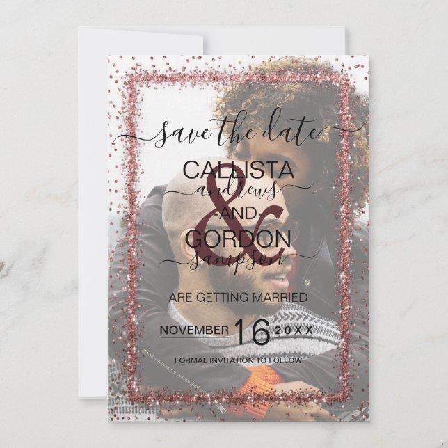 Burgunder Rosa Guld Konfetti Foto Bröllop Spara Datumet (Framsida)