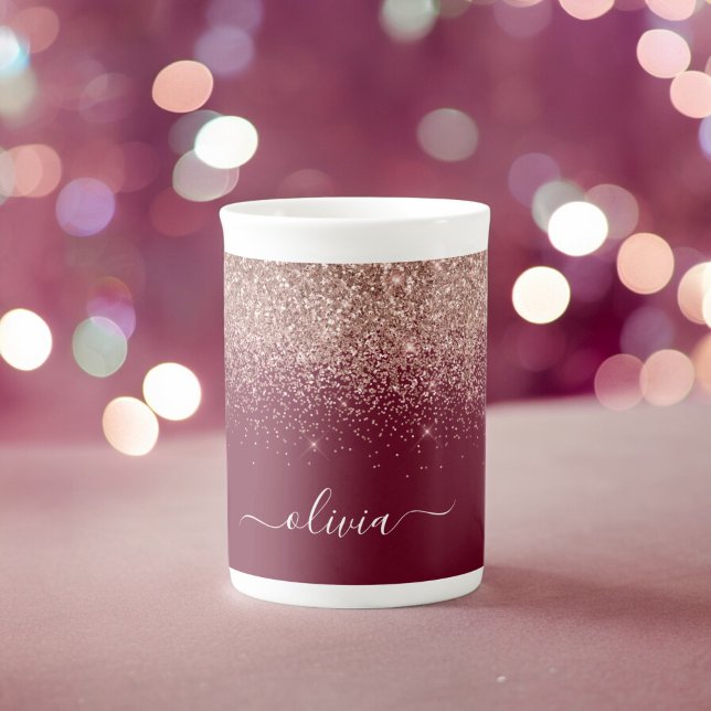 Burgunder Rosa Guld Rouge Rosa Glitter Monogram Benporslin Mugg (Skapare uppladdad)