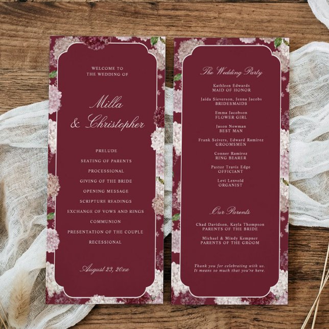 Burgunder Rosa Hydrangea Höst Vinter Bröllop Program (Burgundy hydrangea wedding program with order of ceremony and wedding party details)