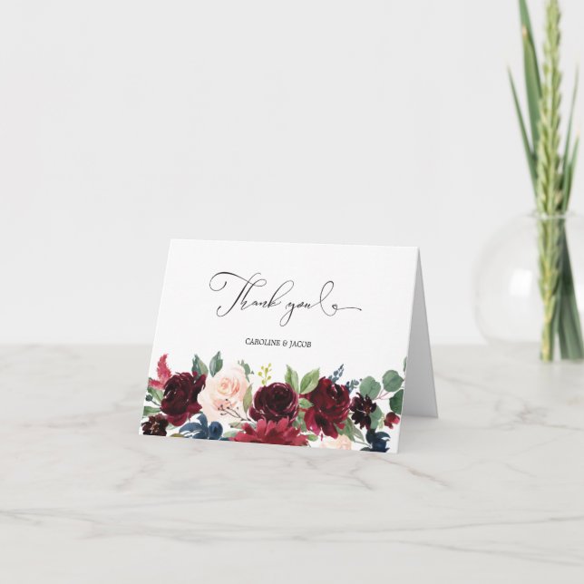 Burgunder Rosa Marinblå Blommig Bröllop Tack Kort (Framsida)