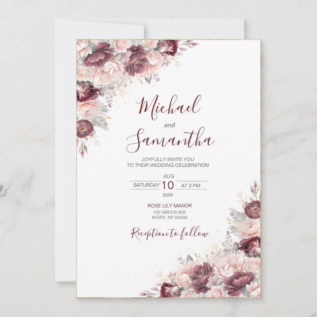 Burgunder Rosa Peony och Rosor Bröllop Inbjudningar (Framsida)