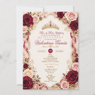 Burgunder Rosa Ros Quinceañera Inbjudan