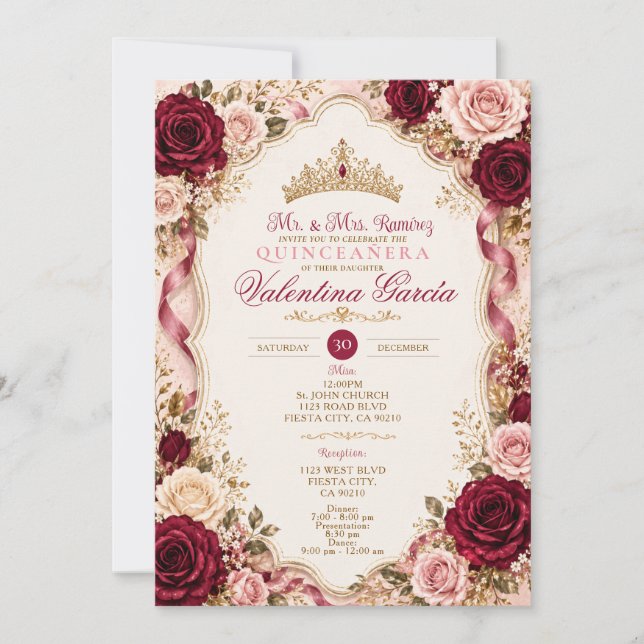 Burgunder Rosa Ros Quinceañera Inbjudan (Framsida)