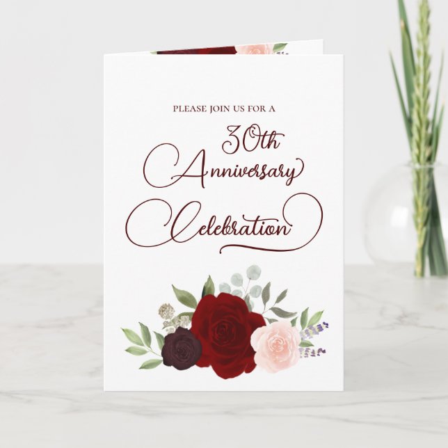 Burgunder Rosa Rosor 30-års Bröllopsjubileum Inbjudan (Framsida)
