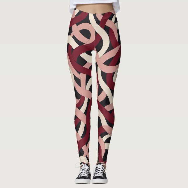 Burgunder Rosa Sammanflätat Band Mönster Leggings (Framsida)