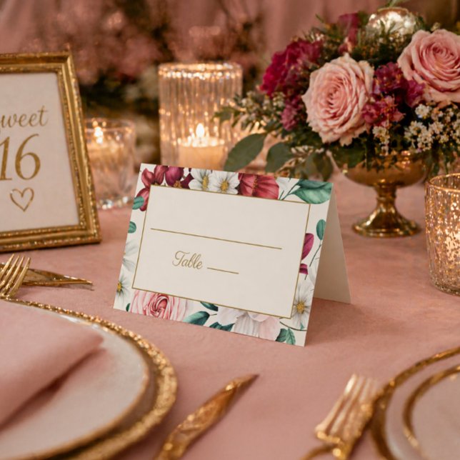 Burgunder Rosa Vita Blommig Födelsedag Kort (Pink and red watercolor floral table card)