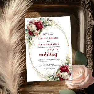 Burgunder Rosafärgad Blommig Guld Boho Bröllopsinb Inbjudningar