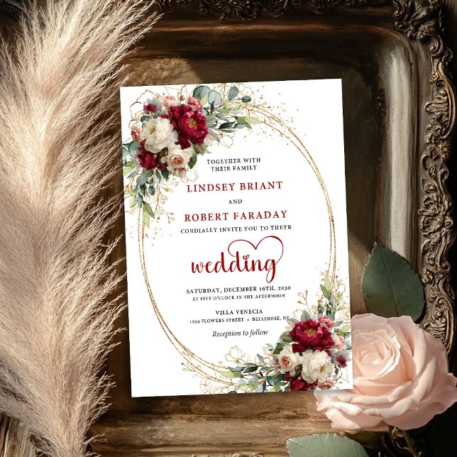 Burgunder Rosafärgad Blommig Guld Boho Bröllopsinb Inbjudningar (Burgundy Blush Floral Gold Boho Wedding Invite)
