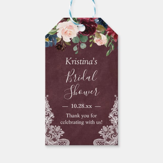 Burgunder Rosafärgad Blommig Spets Rustik Bröllops Presentetikett (Framsidan)