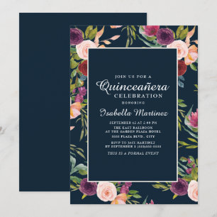 Burgunder Rosafärgad Marinblå Blommig Quinceañera Inbjudningar