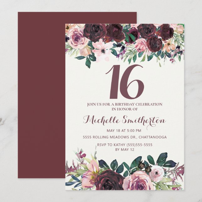 Burgunder Rosafärgade Blommor 16-årsdag Inbjudningar (Fram/baksida)