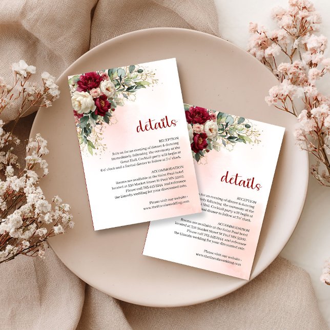 Burgunder rosafärgade blommor guld kant bröllopsde tilläggskort (Burgundy blush flowers gold border wedding details

)