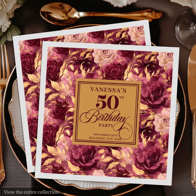 Burgunder rosafärgade guldrosor 50-års födelsedags pappersservett (Elegant Burgundy Blush Gold Floral 50th Birthday Napkins)