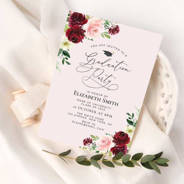 burgunder rosé floral examensfest inbjudningar (Skapare uppladdad)