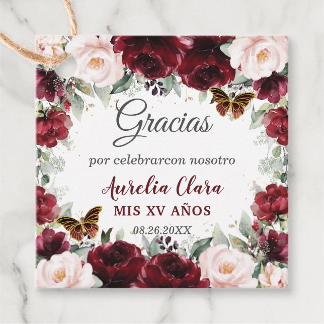 Burgunder Rosenskugga Blommig Quinceañera Fjärilar Gåvor Etiketter (Framsida)