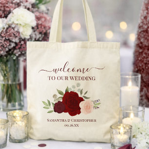 Burgunder Rosor Boho Elegant Bröllop Välkomstskylt Tygkasse