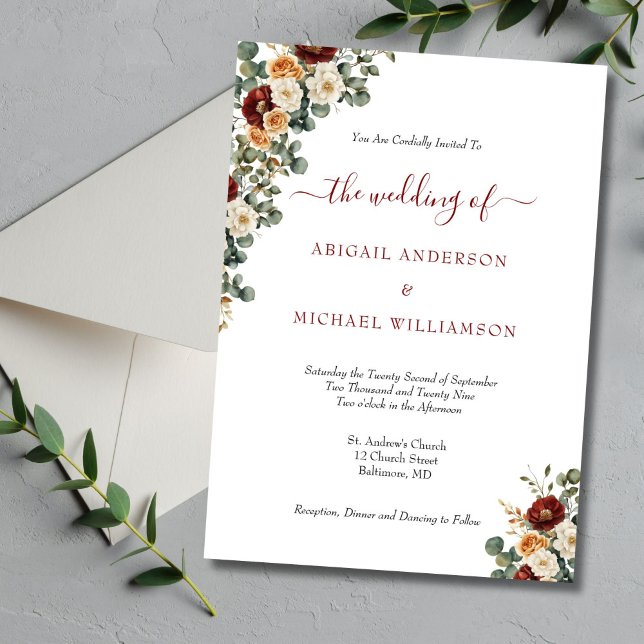 Burgunder Rost Kräm Elegant Bröllop Inbjudningar (Burgundy Rust Cream Floral Elegant Wedding Invitation)