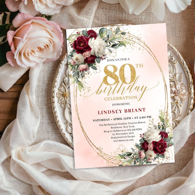 Burgunder Rustik Boho Blommig 80-års Födelsedagsin Inbjudningar (Burgundy Rustic Boho Floral 80th Birthday Invitation)