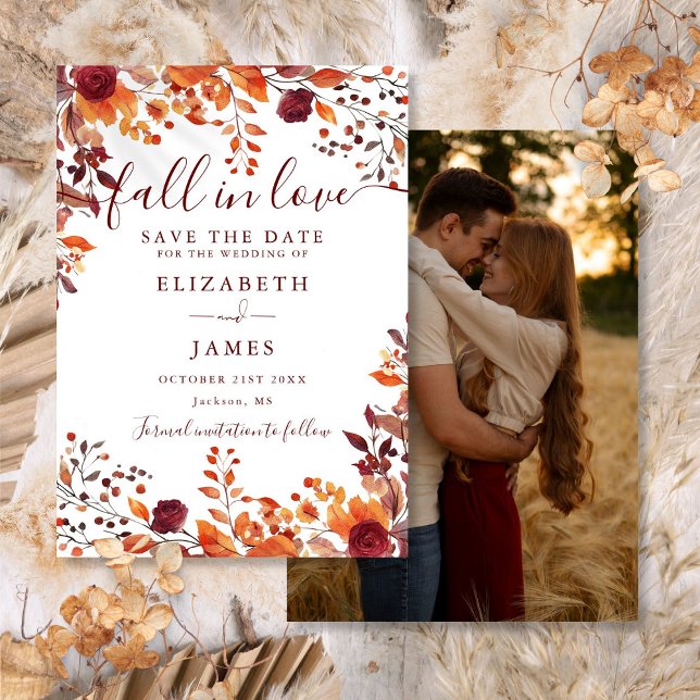 Burgunder Rustik Höst Gammaldags Foto Bröllop Spara Datumet (Burgundy Rustic Fall Autumn Photo Wedding Save The Date)