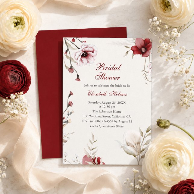 Burgunder Rygg Elfenbensfärgade Blommig Bröllopsdu Inbjudningar (Burgundy Back Ivory Floral Bridal Shower Invitation)