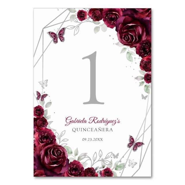 Burgunder Silver Blommig Quinceanera Bordsnummer (Framsidan)