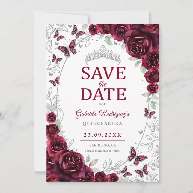 Burgunder Silver Blommig Quinceanera Spara Datumet (Framsida)