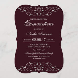 Burgunder Silver Elegant Quinceanera-inbjudan Inbjudningar