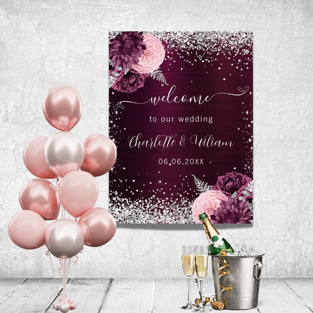 Burgunder silver rosa blommor välkomstbröllop poster (Skapare uppladdad)