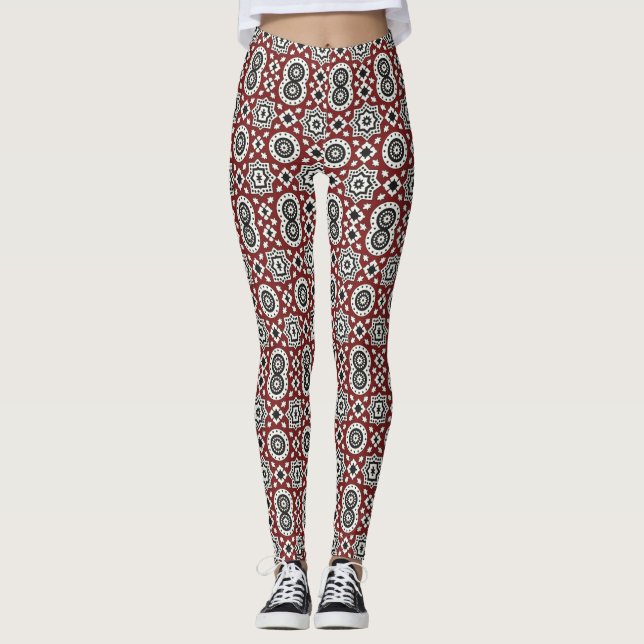 Burgunder Sindhi Ajrak Tribal Mönster  Leggings (Framsida)