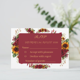 Burgunder Solros Blommig Bröllop RSVP-kort OSA Kort