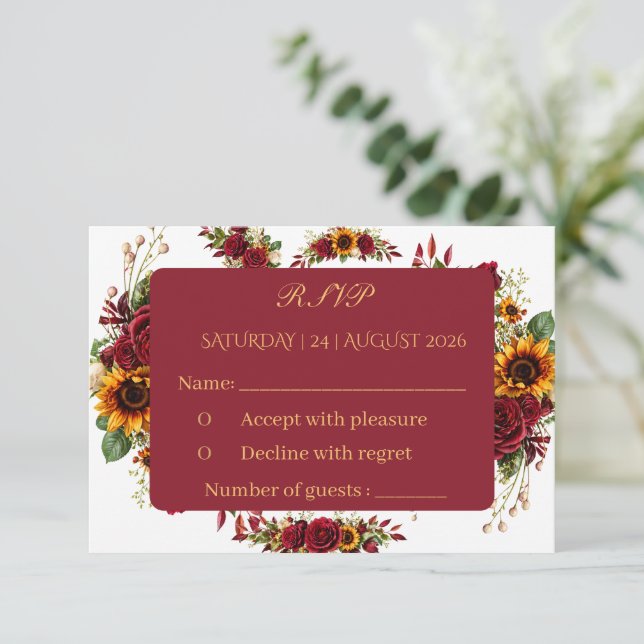 Burgunder Solros Blommig Bröllop RSVP-kort OSA Kort (Stående Fram)