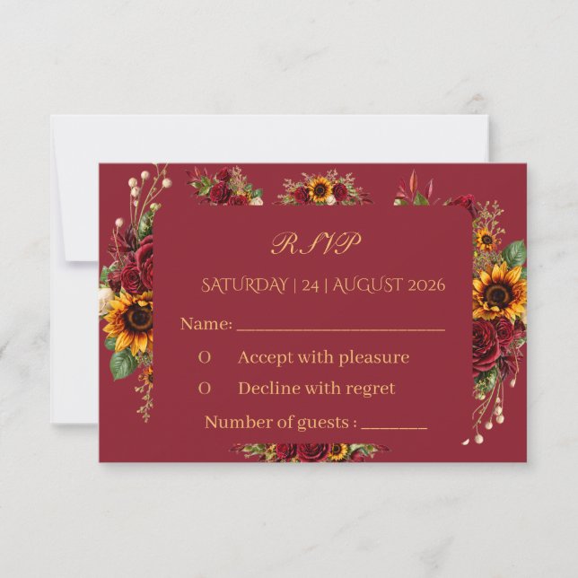 Burgunder Solros Blommig Bröllop RSVP-kort OSA Kort (Framsida)