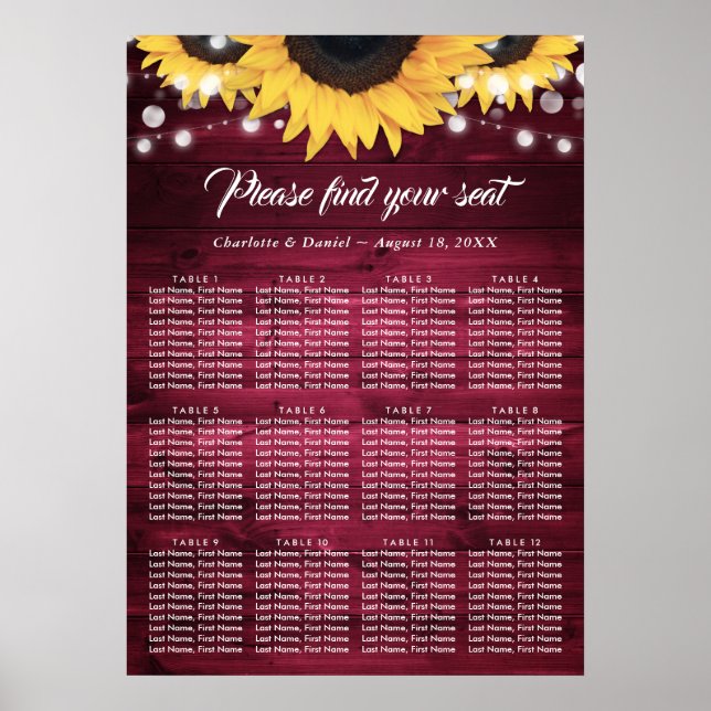 Burgunder Solros Bröllops Sittplatskarta 12 Poster (Framsidan)