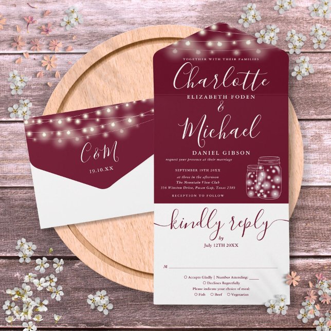 Burgunder Strängljus Murade Krukor Bröllop (Burgundy String Lights Mason Jars Wedding All In One Invitation)